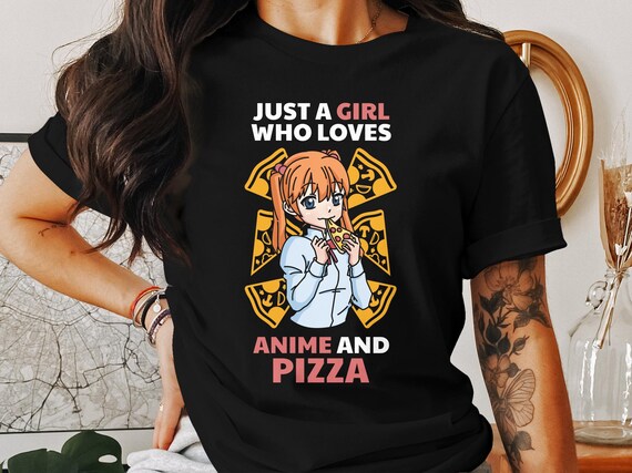 アニメにインスパイアされたピザガールTシャツ、ピザを食べるかわいい