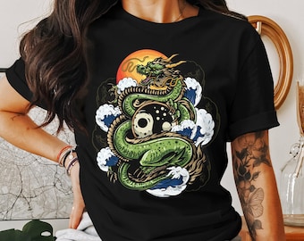 Japanese Dragon T-Shirt, Dragon and Yin Yang T-Shirt, Japanese Art Tee, Mythical Creature Shirt, Tattoo Art T-Shirt, Ukiyo-e Style