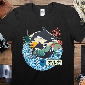 Orca Whale Japanese Art Style T-Shirt, Ocean Wave and Cherry Blossoms Tee, Unisex Graphic Shirt, Nature Inspired Clothing, Gift Idea