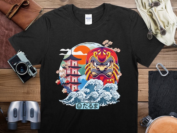 Japanese Traditional Art T-shirt, Colorful Daruma and Waves