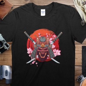Samurai Skull T-Shirt, Japanese Warrior Graphic Tee, Cherry Blossom and Swords, Unisex Cotton Shirt, Casual Streetwear, Cool Gift Idea
