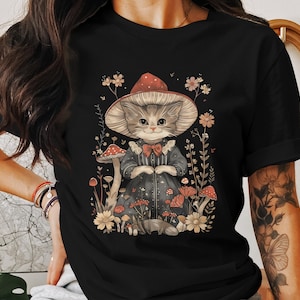 Whimsical Cottagecore Cat T-Shirt, Fairycore Mushroom Garden Design, Cute Vintage Style Tee, Country Aesthetic Top, Cozy Animal Lover Shirt