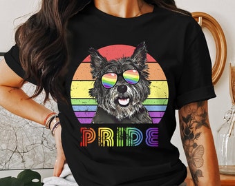 Camiseta con el orgullo de Cairn Terrier, colores de la bandera del orgullo arcoíris, linda camiseta de apoyo LGBTQ, regalo colorido para amantes de las mascotas, camiseta gráfica unisex