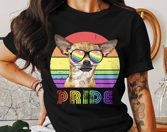 Pride Dog T-Shirt, Rainbow Flag Cute Chihuahua Graphic Tee, LGBTQ Pride Month Apparel, Colorful Pet Lover Gift, Unisex Clothing
