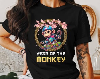 Camiseta con mono divertido en patineta, camiseta del Año Nuevo chino, camiseta del Año Nuevo Lunar, año del mono, camiseta del signo del zodíaco