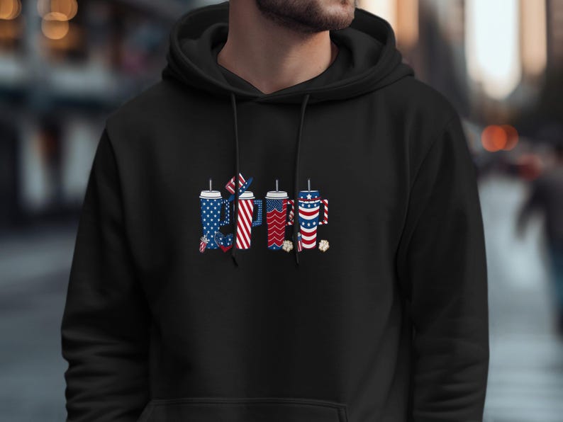 Black hoodie featuring four drinks decorated with American flag patterns and stars.