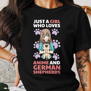 Anime Girl and German Shepherd T-Shirt, Cute Dog Owner Tee, Cartoon Graphic Shirt for Pet Lovers