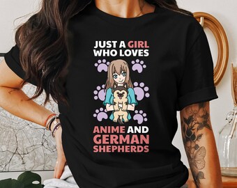 Camiseta de chica de anime y pastor alemán, linda camiseta de dueño de perro, camiseta con gráficos de dibujos animados para amantes de las mascotas