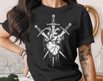 Pierced Heart T-Shirt | Heart with Swords Gothic Tee | Dark Academia Grunge Aesthetic Shirt | Symbolic Emotional Alternative Top