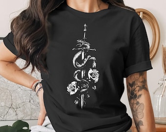 Snake Sword Rose T-Shirt, Goth Aesthetic Grunge Tee, Dark Academia Alt Fashion Top, Edgy Mystical Graphic Gift