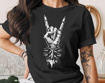 Rock On Hand T-Shirt, Heavy Metal Graphic Tee, Goth Style Spiked Bracelet Shirt, Alternative Music Concert Apparel, Edgy Fan Gift