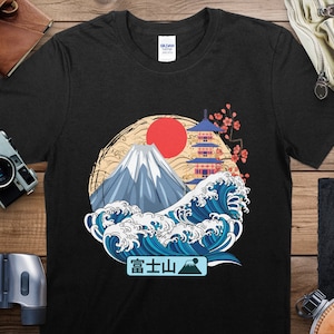 Japanese Wave and Mount Fuji T-Shirt, Vintage Japan Art Tee, Unisex Cotton Shirt, Aesthetic Clothing, Sunset and Sakura Blossom Top