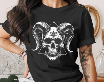 Horned Skull T-Shirt, Gothic Occult Ram Skull Graphic Tee, Dark Art Apparel, Esoteric Pentagram Witchy Mystical Shirt