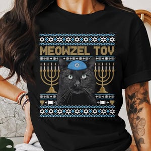 Lustiges Meowzel Tov Katzen-Chanuka-T-Shirt, jüdischer Feiertags-T-Stück Niedliche schwarze Katze Menorah, Purrrfect Chanukka-Geschenk, einzigartiges Chanukka-Shirt