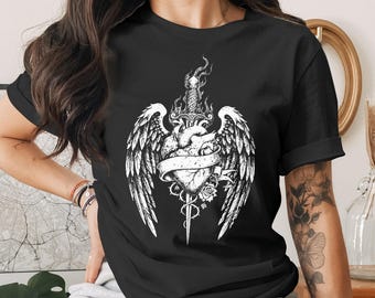 Gothic Heart Wings Dagger Rose T-Shirt | Dark Academia Aesthetic Tee | Edgy Romantic Fantasy Graphic Top | Punk Emo Shirt
