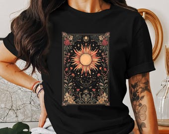 Vintage Sunflower Floral Graphic Tee, Boho Sun and Flowers Illustration Shirt, Aesthetic Cottagecore T-Shirt, Summer Botanical Top