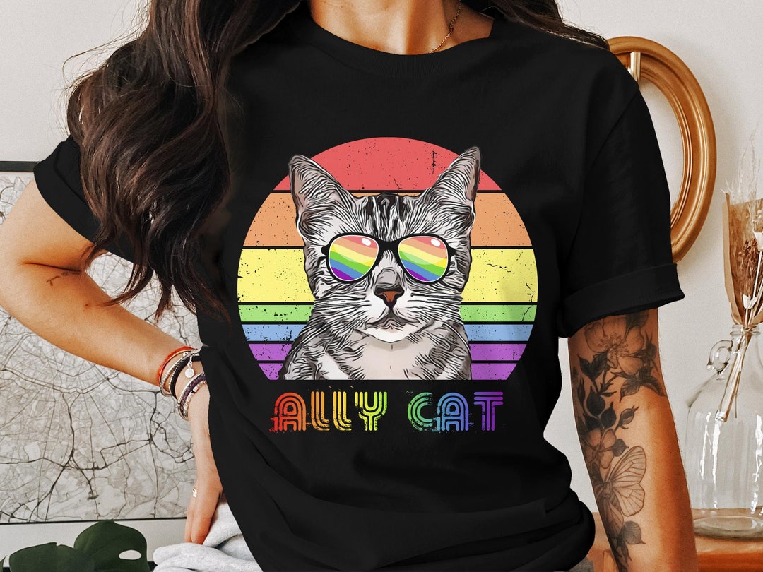 Rainbow Cat T-shirt, Ally Cat With Sunglasses, Pride Support
