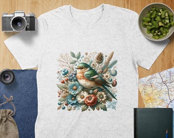 Wintery Bird Winter Floral Bird T-Shirt, Cute Bird Lover Gift, Bird Watching Tee, Nature Inspired Shirt, Bird Enthusiast Clothing