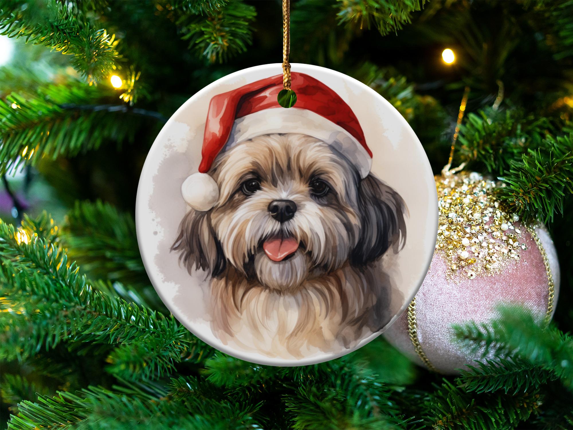 クリスマス シーズー オーナメント、サンタ帽をかぶった犬、ホリデー 