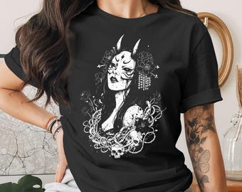 Japanese Oni Mask Gothic T-Shirt, Dark Academia Grunge Aesthetic Tee, Witchy Demon Woman Shirt, Mystical Skull Floral Top