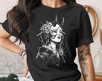 Hannya Mask T-Shirt, Japanese Demon Oni Mask Shirt, Floral Grunge Aesthetic Tee, Dark Academia Goth Clothing, Unique Folklore Gift