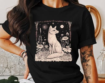 Camiseta de zorro estilo cottagecore, camiseta con estampado de animales del bosque, camiseta vintage de bosque, regalo para amantes de la naturaleza, top con ilustración botánica
