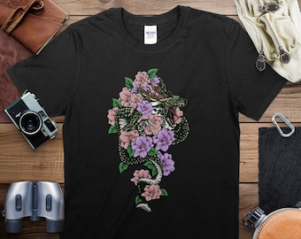 Floral Dragon T-Shirt, Unique Mythical Creature Illustration, Fantasy Art Tee, Unisex Cotton Shirt, Gift for Dragon Lovers
