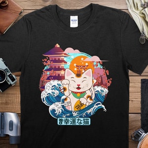 Japanese Maneki Neko Lucky Cat T-Shirt, Traditional Wave Design, Unisex Tee, Asian Culture Inspired Apparel, Gift for Cat Lovers