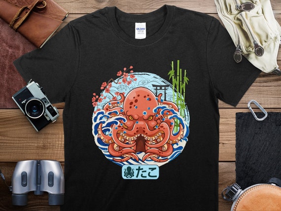 日本の波タコTシャツ、伝統的なアートスタイルのTシャツ、ユニセックス