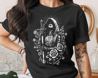 Gothic Knight T-Shirt, Dark Academia Sword and Roses Tee, Medieval Fantasy Warrior Shirt, Witchy Aesthetic Clothing, Occult Art Shirt Gift