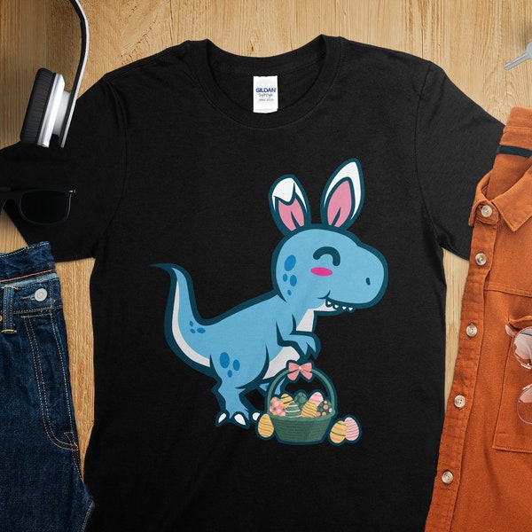 Kids Easter T-Shirt, Dinosaur Bunny Hybrid with Egg Basket, Cute Easter Dino Tee, Spring Holiday Apparel for Children