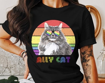 Rainbow Cat T-Shirt, Ally Cat with Sunglasses, Unisex Pride Fashion Tee, Colorful Cat Lover Gift Idea