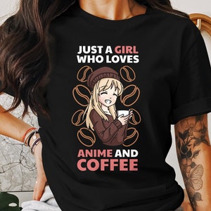 Koszulka z nadrukiem Anime Girl Coffee Lover, słodka koszulka z postacią z mangi, prezenty odzieżowe Otaku, koszulka z grafiką unisex dla fanów anime