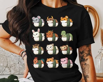 Słodka chińska koszulka z nadrukiem sushi ze zwierzęciem zodiaku, koszulka z okazji obchodów Nowego Roku Księżycowego, słodka koszulka ze znakiem zodiaku