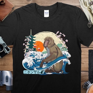 Japanese Wave Monkey T-Shirt, Traditional Ukiyo-e Art Tee, Unisex Aesthetic Clothing, Nature and Animal Lover Gift