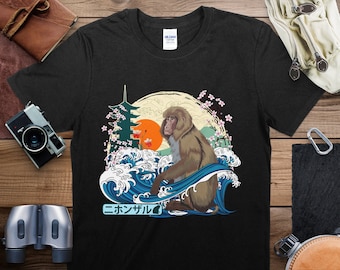 Japanese Wave Monkey T-Shirt, Traditional Ukiyo-e Art Tee, Unisex Aesthetic Clothing, Nature and Animal Lover Gift