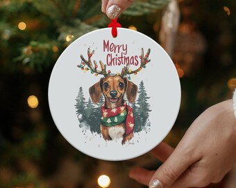 ダックスフントのクリスマスオーナメント、枝角のある犬、メリー