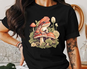 Cute Frog on Mushroom Illustration, Nature Inspired Art, Cottagecore Aesthetic Shirt, Whimsical Frog Print Tee, Woodland Themed T-Shirt