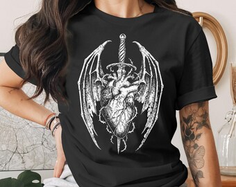 Gothic Heart Sword T-Shirt, Dark Academia Aesthetic Tee, Witchy Dragon Wings Alt Clothing, Grunge Gift for Metalhead, Occult Art Shirt