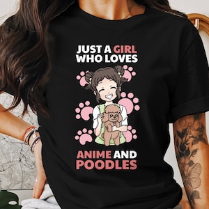 Anime Girl and Poodle T-Shirt, Cute Cartoon Dog Lover Tee, Kawaii Pet Owner Gift, Casual Graphic Shirt for Women