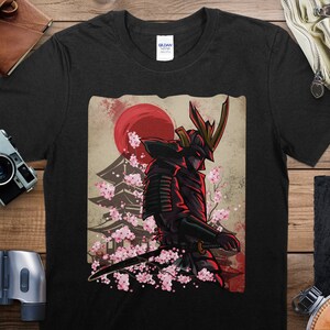Samurai Warrior T-Shirt, Japanese Sunset Graphic Tee, Cherry Blossom Streetwear, Urban Samurai Apparel, Red and Black Shirt, Unisex Top