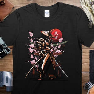 Samurai Warrior T-Shirt, Japanese Sunset Graphic Tee, Cherry Blossom Unisex Top, Asian Inspired Streetwear, Cool Ninja Shirt Design