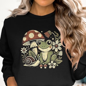 Cute Frog and Mushroom Sweatshirt, Cozy Animal Print Pullover, Snail and Flowers, Nature Inspired Clothing, Fun and Whimsical Design