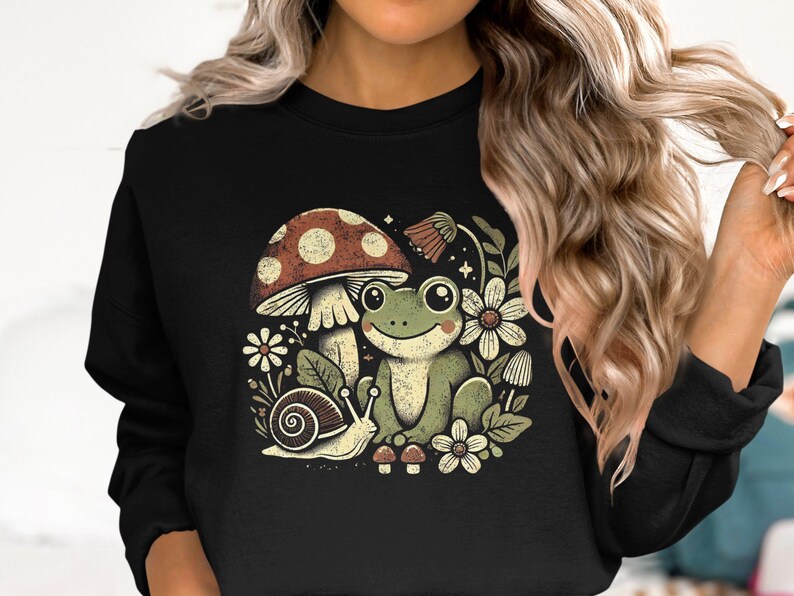 Cute Frog and Mushroom Sweatshirt, Cozy Animal Print Pullover, Snail and Flowers, Nature Inspired Clothing, Fun and Whimsical Design