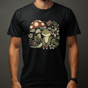 Frog and Snail Graphic T-Shirt, Mushroom and Flower Design Tee, Nature Themed Vintage Style Shirt, Cute Animal Print Top