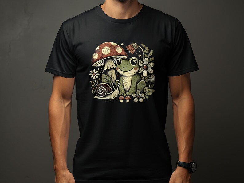 Frog and Snail Graphic T-Shirt, Mushroom and Flower Design Tee, Nature Themed Vintage Style Shirt, Cute Animal Print Top
