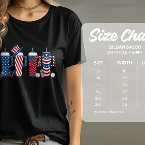 T-shirt size chart for Gildan 64000 Softstyle, listing sizes S-3XL.