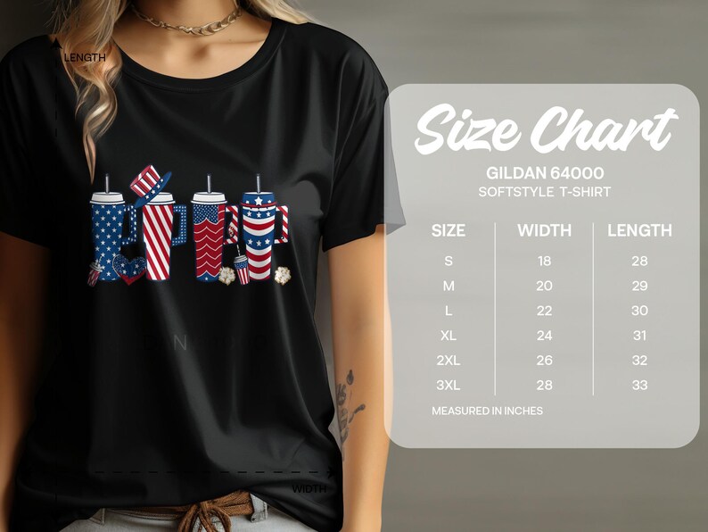 T-shirt size chart for Gildan 64000 Softstyle, listing sizes S-3XL.