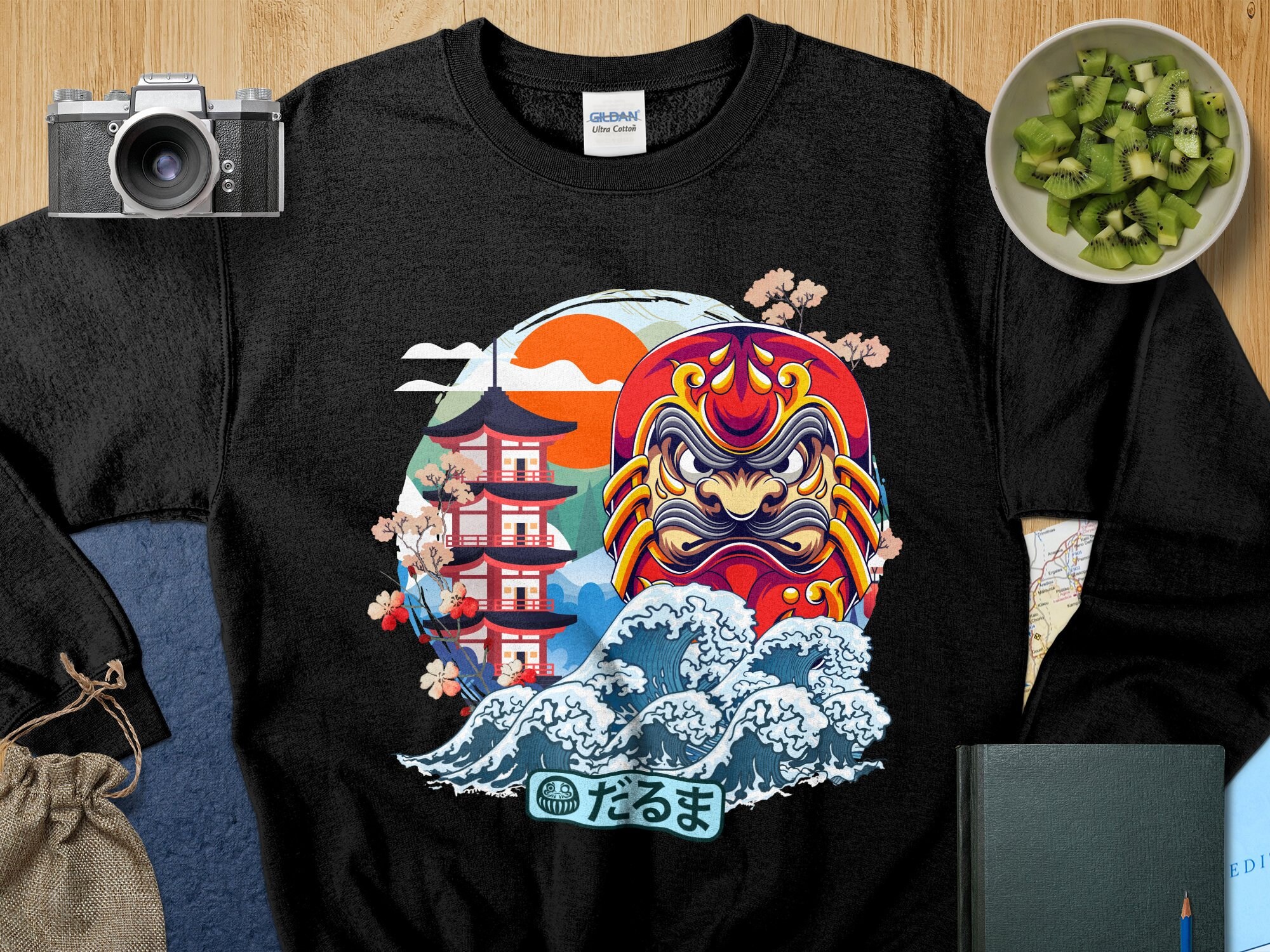 Japanese Traditional Art T-shirt, Colorful Daruma and Waves