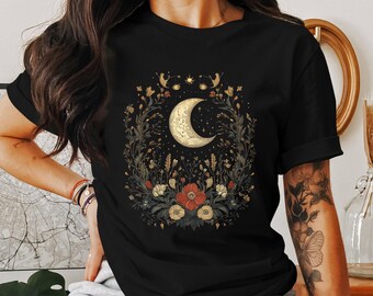 Moon and Floral Design Tee, Cottagecore Aesthetic Shirt, Vintage Botanical Graphic Tee, Crescent Moon Flower T-Shirt, Boho Shirt